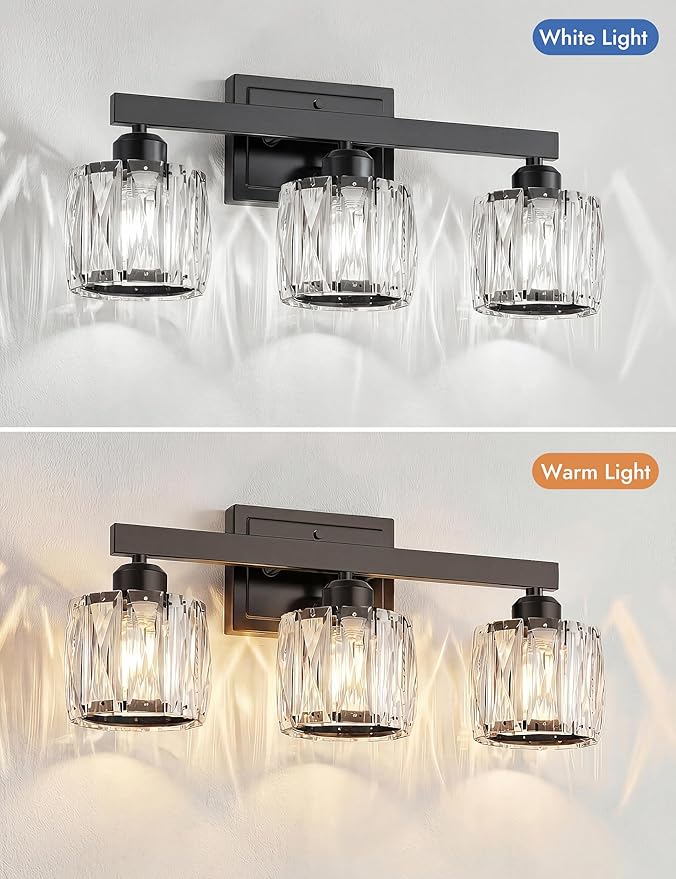 VOLISUN Crystal Vanity Lights for Bathroom, 3 Light Bathroom Vanity Light, Modern Matte Black Bathrooms Light Over Mirror, Black Bathrooms Lights Fixtures-UL Certificated(Exclude Bulb)