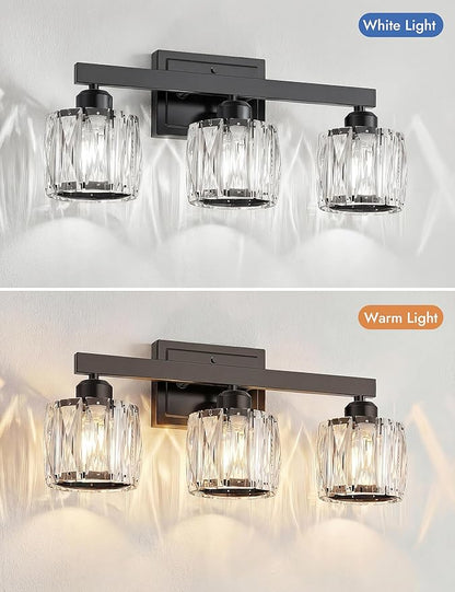VOLISUN Crystal Vanity Lights for Bathroom, 3 Light Bathroom Vanity Light, Modern Matte Black Bathrooms Light Over Mirror, Black Bathrooms Lights Fixtures-UL Certificated(Exclude Bulb)