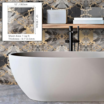 10 Sheets Marble Peel and Stick Backsplash Tile, 12"x12" Waterproof PVC Self Adhesive Tile Shower Wall Panels for Bathroom, Kitchen, Living Room (Metallic Black)