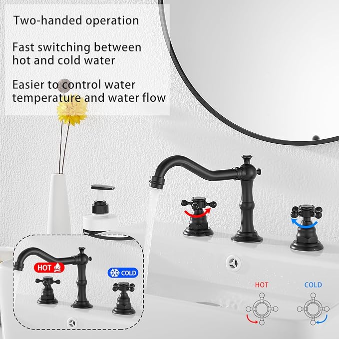 GGStudy Black Bathroom Faucet 2 Handles 3 Holes Faucet 8 inch Widespread Bathroom Sink Faucet Tap Mixer Supply Hose Included Matching Metal Pop Up Drain