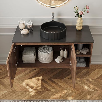 36" Modern Floating Bathroom Vanity with Single Sink - Wall Mounted Storage Bathroom Cabinet with Black Sintered Stone Countertop| Large Storage Space & Open Shelves, Dark Wood