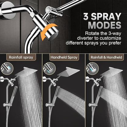 Veken All Metal 8" Luxurious Rain Shower Head with Handheld,High Pressure | Dual Shower Heads Spray,Power Wash Wand,Detachable Showerhead Combo,Small Square Adjustable Rainfall ,Spa-like,Chrome,Silver