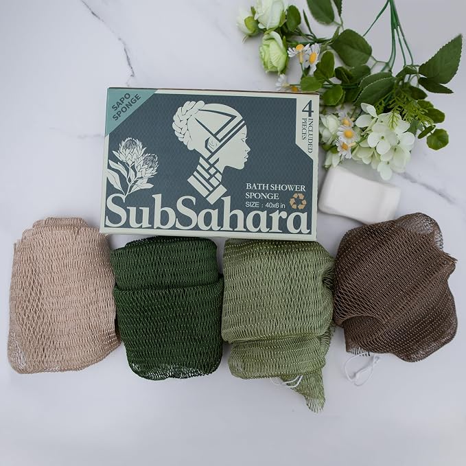 Authentic African Net Sponge, 4 Pack 45-Inch Exfoliating Bath Sponge and Shower Loofah for Body and Back, Colorfast Quick-Dry Knotted Mesh Scrubber with Travel Pouch