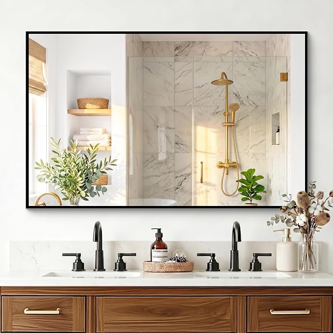 Bathroom Mirror for Wall, 48"x30" Black Vanity Mirror | Sturdy Rectangular Metal Frame, HD Tempered Glass, Hangs Horizontally or Vertically in Bedroom, Living Room, Entryway