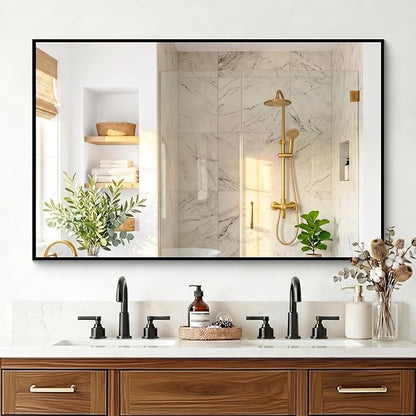Bathroom Mirror for Wall, 48"x30" Black Vanity Mirror | Sturdy Rectangular Metal Frame, HD Tempered Glass, Hangs Horizontally or Vertically in Bedroom, Living Room, Entryway