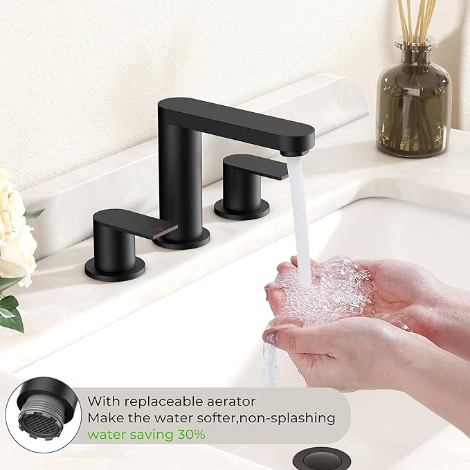 FORIOUS Matte Black Bathroom Faucet 3 Hole, 8 Inch Widespread Bathroom Sink Faucet with Pop-up Drain and cUPC Supply Lines for Basin, Vanity, Laundry Room and Restroom