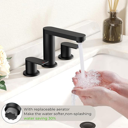 FORIOUS Matte Black Bathroom Faucet 3 Hole, 8 Inch Widespread Bathroom Sink Faucet with Pop-up Drain and cUPC Supply Lines for Basin, Vanity, Laundry Room and Restroom