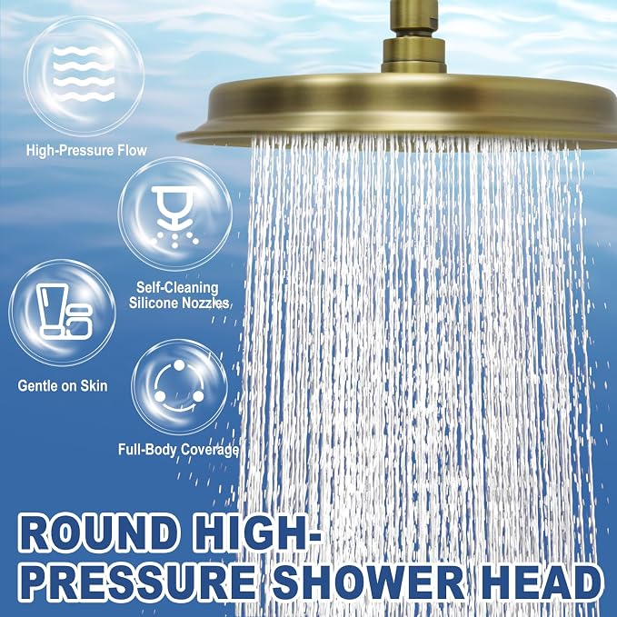 Antique Brass Finish Rain Shower Head, 9 Inch Round Rainfall Showerhead Made of 304 Stainless Steel Vintage High Pressure Waterfall Shower Heads with Silicone Nozzle