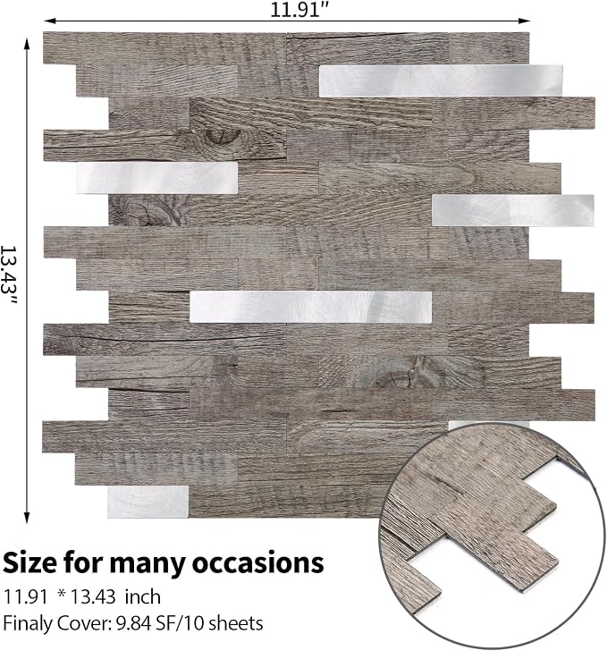Yipscazo 10 Sheets Peel and Stick Wood Metal Tile Backsplash, Stick on Tiles for Backsplash Kitchen, Bathroom, Laundry Room, Camper, Fireplace (12'' X 12'', Light Brown Wood)
