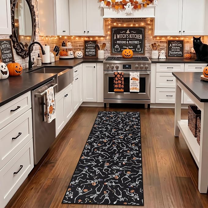 Tribesigns 2x6 Halloween Runner Rug Non Slip Washable Kitchen Runners for Hallways, Ultra Thin Gothic Skeleton Stain Resistant Floor Carpet for Beside Bathroom Laundry Room Decor, Black/2x6