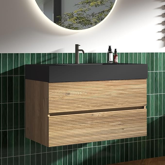 36 Inch Floating Bathroom Vanity with Black Sink, Modern Wall Mounted Floating Vanity with 2 Soft-Closing Drawers, Large Storage for Apartment, Hotel, Rough Oak