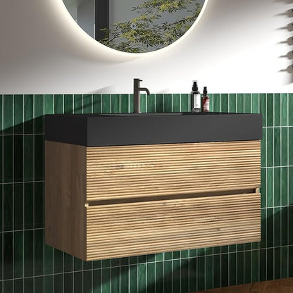 36 Inch Floating Bathroom Vanity with Black Sink, Modern Wall Mounted Floating Vanity with 2 Soft-Closing Drawers, Large Storage for Apartment, Hotel, Rough Oak