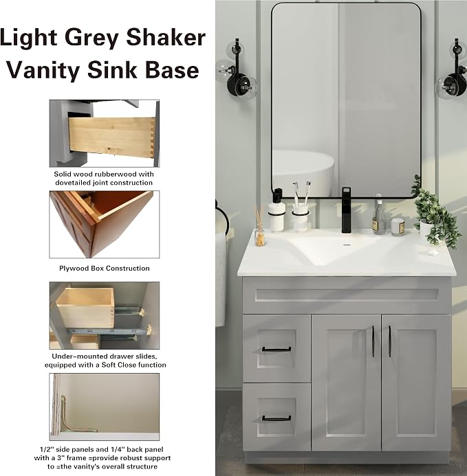 36" Light Grey Shaker Bathroom Vanity Base – Ready-to-Assemble Sink Cabinet with Drawers, Freestanding Bathroom Vanity Base Only, No Top or Sink