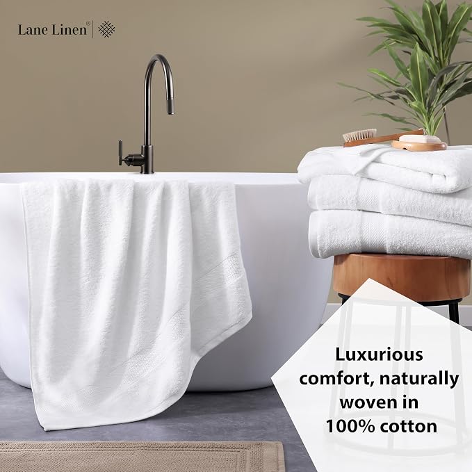 LANE LINEN Large Bath Towel Set Absorbent Quick Dry 100% Cotton - White | Bath Towels Set Of 4 - Fade-Resistant Color, Classic Terry Weave, Densely Woven, Coordinated Colors, Dobby Border Accent