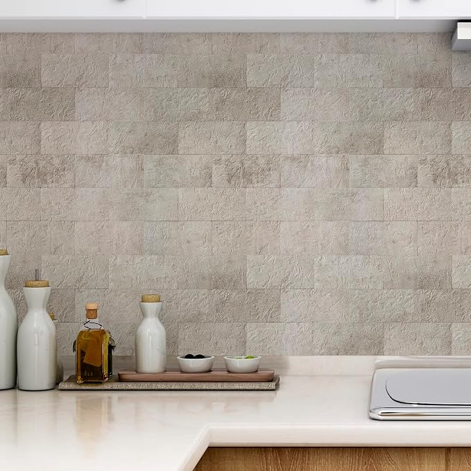 Art3d Peel and Stick Backsplash, Stick on Wall Tile, 10-Pack, Stone Beige | PVC, Self Adhesive, Splash Resistant, Multi-Surface Compatibility, Ideal for Kitchens, Fireplaces, Stair Areas
