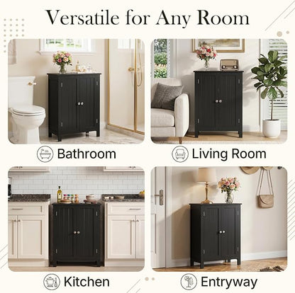 SUPER DEAL Modern Bathroom Floor Storage Cabinet with Adjustable Shelf and Double Door Rust Proof, Living Room Modern Home Furniture Storage Organizer Cabinet, Black