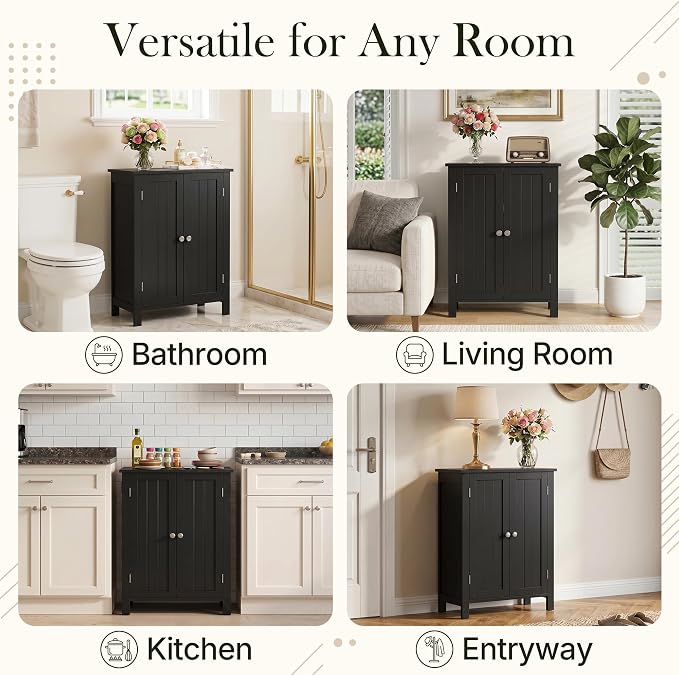ZENY Bathroom Floor Storage Cabinet with Double Door + Adjustable Shelf, Wooden Organizer Cabinet for Living Room, Bathroom, Bedroom, Modern Home Furniture (Black)