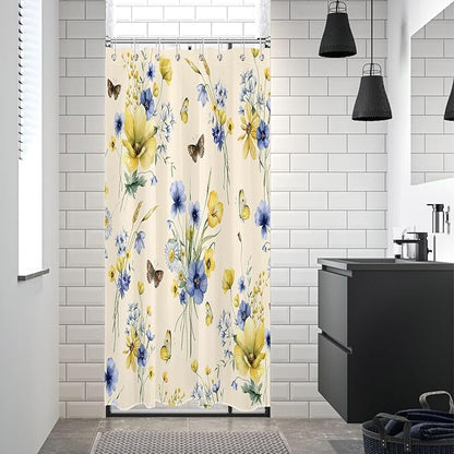 HVEST Wildflower Shower Curtain for Bathroom, Blue and Yellow Floral and Wheat with Butterfly Shower Curtain with Hook, Country Daisy Flower on Beige Shower Curtain Set Bathroom Decor, 48X72 inch
