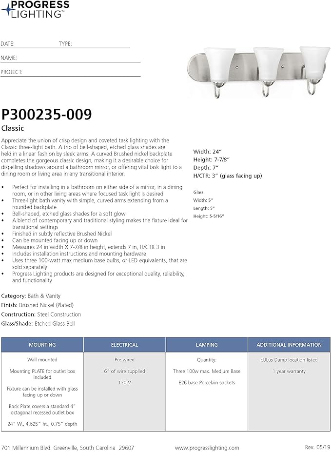 Progress Lighting Classic Collection 3-Light Etched Glass Traditional Bath Vanity Light Brushed Nickel