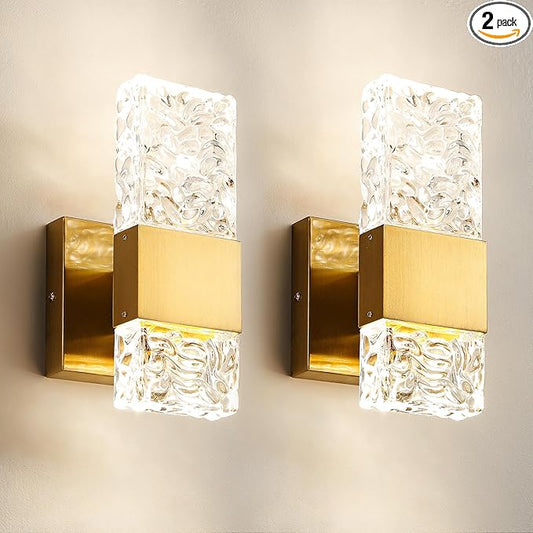 Gold Sconces Wall Lighting - Crystal Wall Sconces Set of Two Modern Bathroom Vanity Light Fixtures Hardwire Modern 4000K Dimmable LED Wall Mounted Sconces for Hallway Living Room