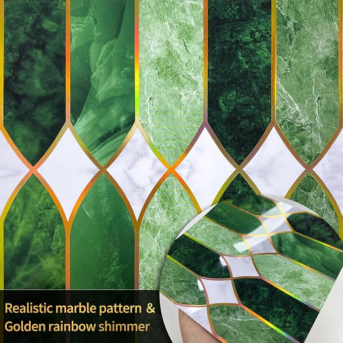 funlife Holographic Emerald Art Deco Peel and Stick Backsplash Self-Adhesive PVC Wall Tiles Easy DIY with Tools for Kitchen Bathroom and Laundry Room 5.9"x5.9"x10-Sheet Pointed Arch Marble