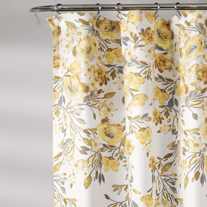 Lush Decor Tanisha Shower Curtain, 72" W x 72" L, Yellow & Gray - Golden Yellow Flower Vine Print - Beautiful & Elegant Floral Shower Curtain - Modern Farmhouse & Cottage Bathroom Decor