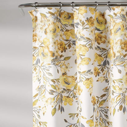 Lush Decor Tanisha Shower Curtain, 72" W x 72" L, Yellow & Gray - Golden Yellow Flower Vine Print - Beautiful & Elegant Floral Shower Curtain - Modern Farmhouse & Cottage Bathroom Decor