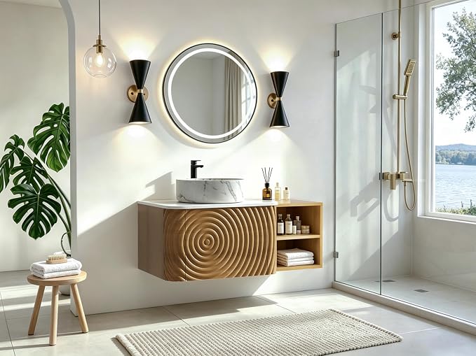 36" Floating Bathroom Vanity with Sink, Mid-Century Wall Mounted Bathroom Vanity Cabinet with Wood Waved Decor,Marble Ceramic Basin and Sintered Stone Top, Soft Close Drawer, Side Open Cube