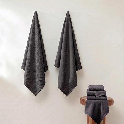 Modern Threads 6 Piece Cotton Bath Towel Set – Ultra Soft 550 GSM Towels – Bathroom Set with Hand Towels and Washcloths – Geometric (Charcoal)