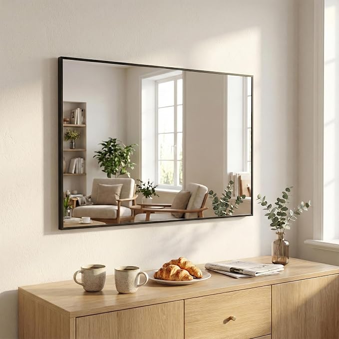48"x36" Matte Black Large Framed Bathroom Vanity Wall Mirror | Large Vanity Wall Mirror, Slim Metal Frame, Dresser or Sideboard Use, Vertical/Horizontal Mount, Tempered Glass