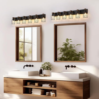 Farmhouse 6-Light Wood Bathroom Vanity Light, Black Metal Cage Shade | Mounted Over Mirror, Industrial Rustic Style, Ideal for Bathroom, Bedroom, Hallway & Living Room, Easy To Install