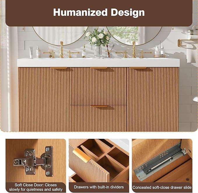 Merax 48" Bathroom Vanities Cabinet with Double Sinks Combo, Modern Floating Bathroom Vanity with Resin Countertop, Soft-Close System and Divided Drawers, Nature Wood