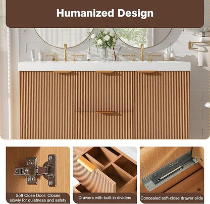 Merax 48" Bathroom Vanities Cabinet with Double Sinks Combo, Modern Floating Bathroom Vanity with Resin Countertop, Soft-Close System and Divided Drawers, Nature Wood