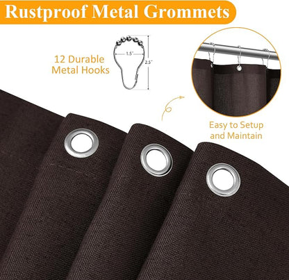 Chocolate Brown Linen Shower Curtain, Country Boho Farmhouse Bath Decor Shower Curtains Neutral Cloth Weighted Textured Fabric Bath Curtain Liner with Hooks, 72x84