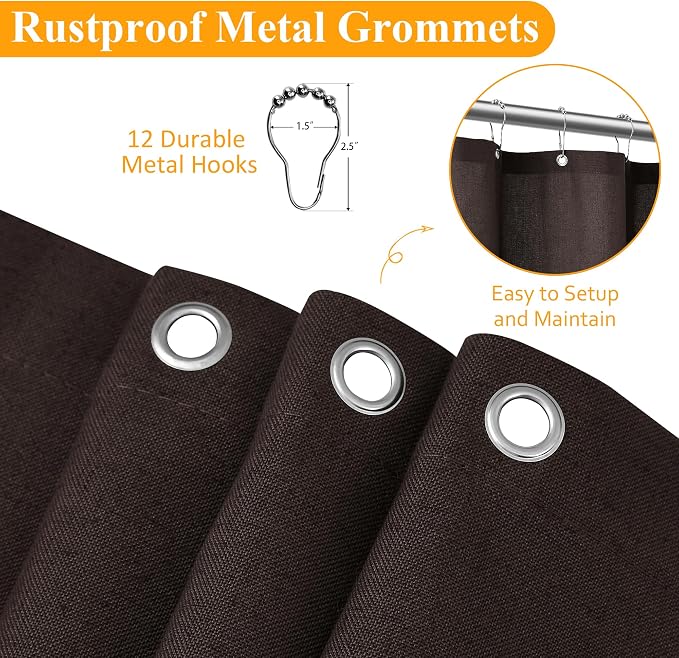 Chocolate Brown Linen Shower Curtain, Country Boho Farmhouse Bath Decor Shower Curtains Neutral Cloth Weighted Textured Fabric Bath Curtain Liner with Hooks, 72x80