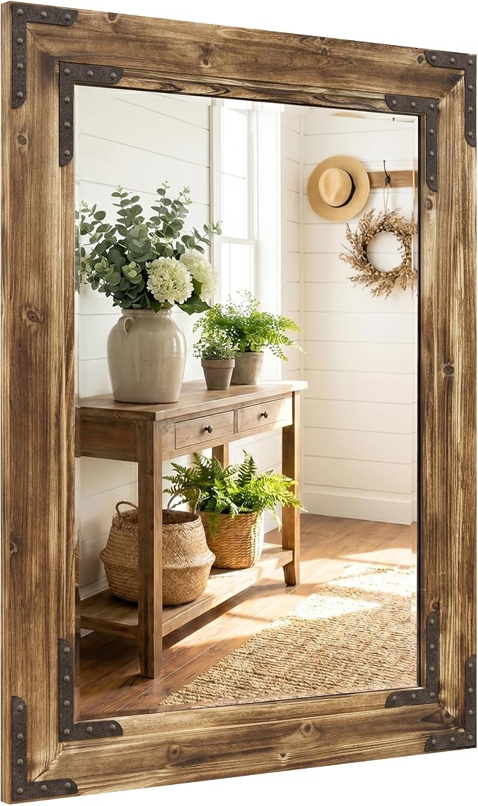 Rustic Brown 24x36 Inch Wood Bathroom Vanity Mirror, Rivets | Farmhouse style, beveled glass edge, rich weathered grain, single-sink bathrooms, hallways and cabin interiors