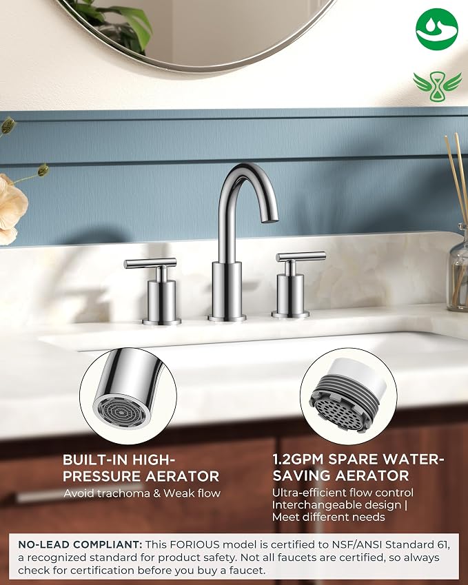 FORIOUS Brushed Nickel Bathroom Faucet 3 Hole Commercial Widespread Faucet | 3 Hole Bathroom Sink Faucet Brushed Nickel, 8 Inch Widespread Faucet for Bathroom Sink 3 Hole Silver with 360° Swivel Spout