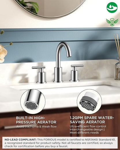 FORIOUS Brushed Nickel Bathroom Faucet 3 Hole Commercial Widespread Faucet | 3 Hole Bathroom Sink Faucet Brushed Nickel, 8 Inch Widespread Faucet for Bathroom Sink 3 Hole Silver with 360° Swivel Spout