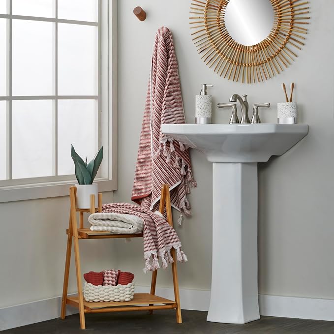 SKL Home Longborough Bath Towel, 100% Turkish Cotton, Spice | 640 GSM weight. Spa-level quality. Soft & absorbent jacquard with hand-knotted tassels.