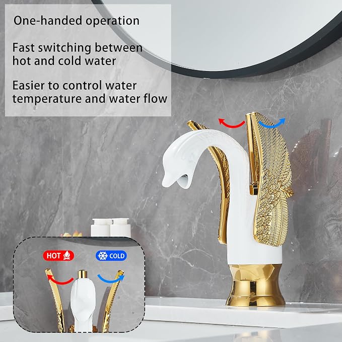 Bathroom Faucet White Mixed Gold Swan Single Handle 1 Hole Bathroom Vanity Faucet Basin Tap Deck Mount Lavatory