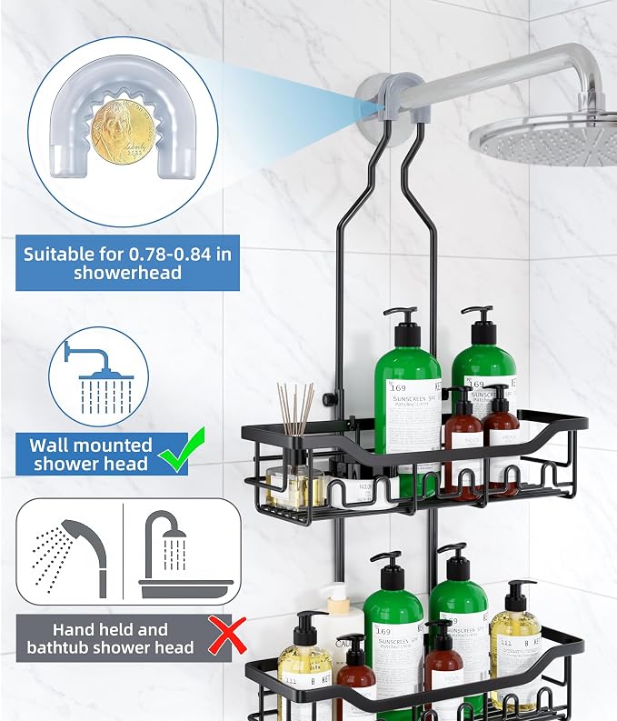 Adjustable Shower Caddy Hanging, Extended Length Organizer Over Shower Head, 3 Tier Long Neck Shower Rack with Soap Holder for Large Storage, Black