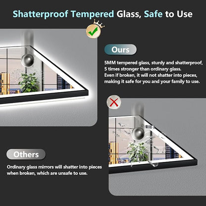 72x36 Black LED Bathroom Mirror, Backlit & Front Lit Lighted Mirror | Metal Framed Anti-Fog Vanity Mirror with Lights, 3 Color Dimmable, Memory, HD Tempered Glass, CRI95, UL Listed, Wall Mounted