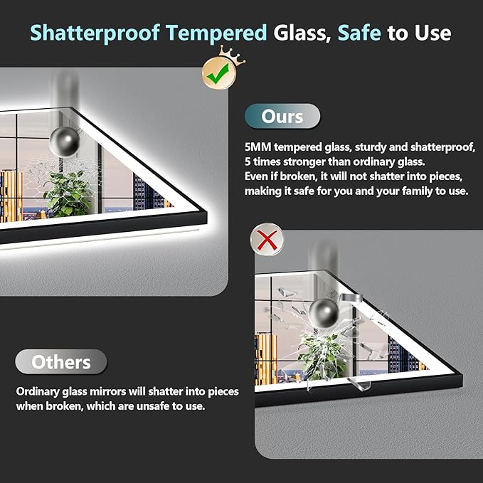 72x32 Black Framed LED Bathroom Mirror with Lights, Backlit and Front Lit Anti-Fog Lighted Vanity Mirrors for Bathroom Wall, Dimmable, 3 Colors, Memory, HD Tempered Glass, Horizontal/Vertical