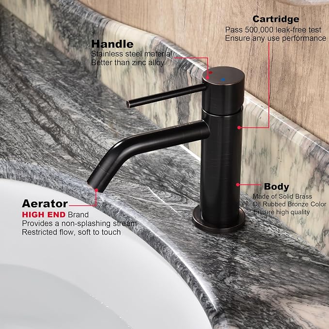 Oil Rubbed Bronze Bathroom Faucet Single Hole, Single Handle Bronze Sink Faucet Bathroom with Pop Up Drain and Water Faucet Supply Lines