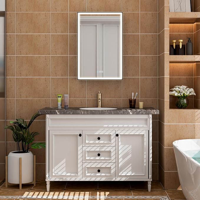 WELLFOR 20" X 30" LED Mirrored Medicine Cabinet, Medicine Cabinets with Lights for Bathroom, Defogging Function Mirror Cabinet, Bathroom Medicine Cabinet with USB Port & Outlet, Left Opening Doors