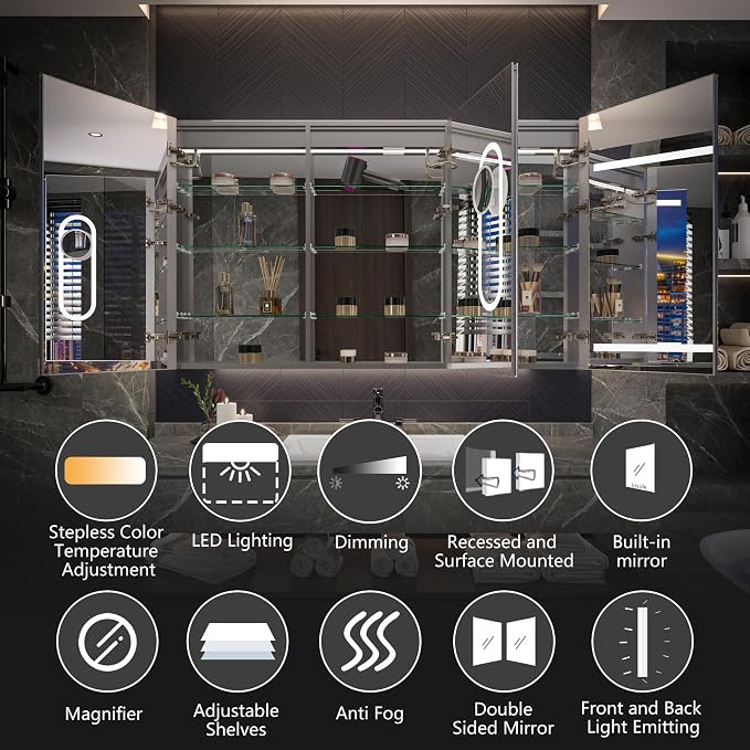 Neftis 60x36 Medicine Cabinet with Lights & Magnifier & Mirrors, GFCI Outlet, Soft-Closed Hinges, Front&Backlit, Anti-Fog, Dimmable&Tunable, Sensor Lights, Recessed/Surface, Adjustable Shelves