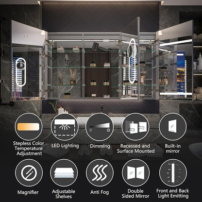 Neftis 60x36 Medicine Cabinet with Lights & Magnifier & Mirrors, GFCI Outlet, Soft-Closed Hinges, Front&Backlit, Anti-Fog, Dimmable&Tunable, Sensor Lights, Recessed/Surface, Adjustable Shelves