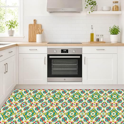 Teal Yellow Floral Peel and Stick Floor Tiles 12x12 Inch 10PCS | Teal yellow orange floral geometric pattern vinyl floor stickers for kitchen bathroom entryway and indoor home decor