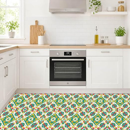Teal Yellow Floral Peel and Stick Floor Tiles 12x12 Inch 10PCS | Teal yellow orange floral geometric pattern vinyl floor stickers for kitchen bathroom entryway and indoor home decor