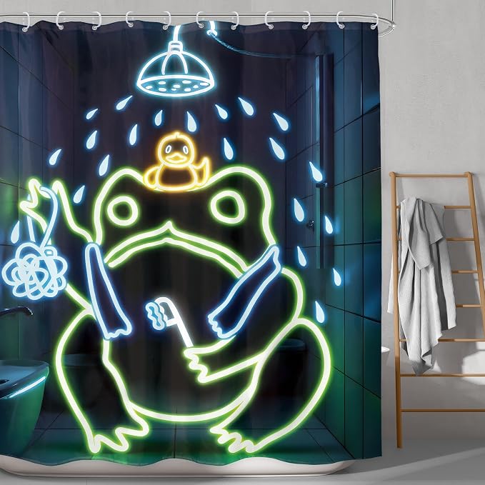Funny Neon Frog Shower Curtain Bathroom Set 71Wx71H Inches Japanese Cool Asian Traditional Aesthetic Minimalist Animal Cute Lovely Bath Accessories Kids Boy Art Home Decor Fabric 12 Pack Hooks | 71Wx71H Aesthetic Minimalist waterproof HD print, quick-d...